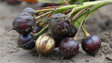 A bunch of bulbous vegetables lie on the soil.