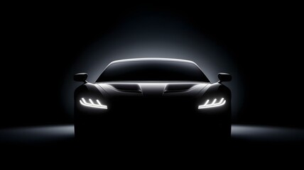 Fototapeta premium Mysterious Front View of a Modern Car: Headlights Illuminate a Sleek Vehicle in the Dark, Evoking Luxury, Performance, and Automotive Innovation