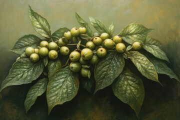 Guava Fruit Still Life Oil Painting, Close-Up of Branch with Green Guavas and Leaves, Studio Shot