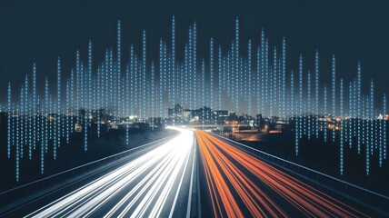 Data Flow Over City Skyline: Streams of Digital Information Overlaying Cityscape and Traffic, Ideal for Technology, Data Analytics, and Smart City Concepts