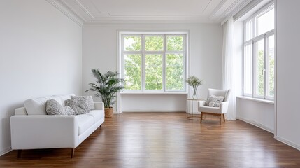 Modern bright living room interior with minimalist furniture, empty white wall, and natural daylight streaming through large window, cozy and elegant home design concept