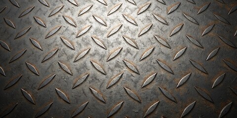 Bright silver tread plate texture with raised diamond pattern, metallic industrial floor background, perfect for mechanical designs