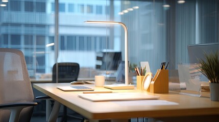 Modern minimalist desk in clean professional workspace with soft natural lighting and organized layout for productivity and focus