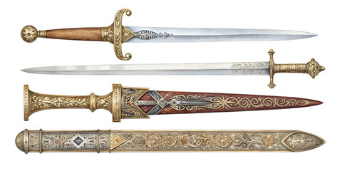 Watercolor Ornate sword weaponry dagger blade. isolated on transparent background