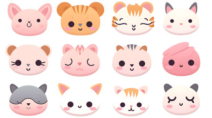 Fototapeta premium Kawaii Cartoon Faces: Cute Pink Animal Emojis Vector Illustration for Designs