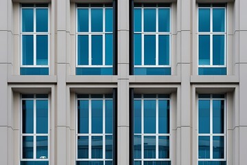Symmetrical building windows, clean modern facade, clear glass, precise frames, urban architecture, realistic lighting, minimal design.