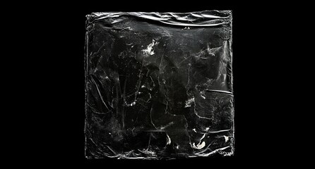 Square, dark, plastic sheet with wrinkles and texture.  Wrinkled,  crumpled surface,  visually heavy,  contrast,  black and white,  abstract