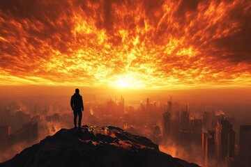 Solitary figure observes apocalyptic sunset city view
