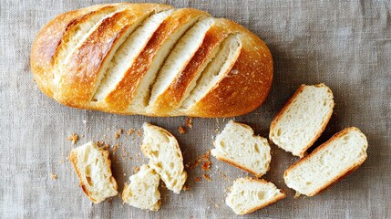 A golden loaf of bread sliced unevenly, with several pieces lying crumbled on a rustic tablecloth