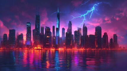 Fototapeta premium Vibrant Illuminated City Skyline with Neon Colors at Night