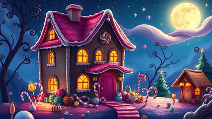 Fantasy gingerbread house illuminated at night with candy canes and sweets under a glowing moon