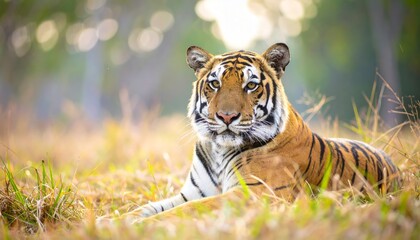 Majestic Bengal tiger resting peacefully in a grassy field under a blurred light, showcasing its striking orange and black stripes and intense gaze