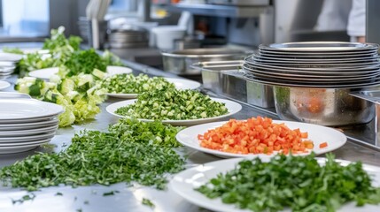 A restaurant prep station littered with chopped herbs and diced vegetables, none of which made it onto plates