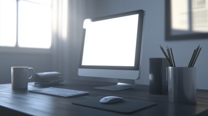 Modern Minimalist Workspace Setup with Computer and Neutral Tones Under Soft Window Light Featuring Clean Wooden Desk And Various Stationary In Organized Style