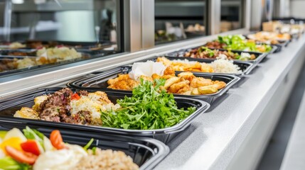 Obraz premium A cafeteria tray line showcasing untouched entrees being cleared away after lunchtime rush