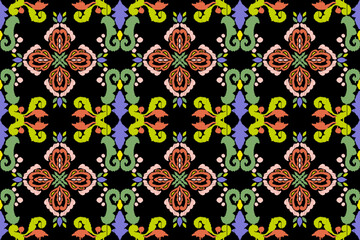 Carpet ikat floral pattern,fabric pattern on navy blue background vector illustration.Ikat ethnic oriental embroidery.Aztec style,abstract background.design for texture,clothing,decoration,carpet,rug.