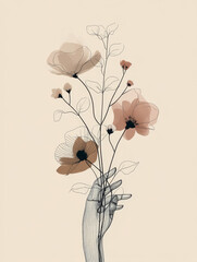 Contemporary art posters with bohemian aesthetics, flowers in warm light brown tones.