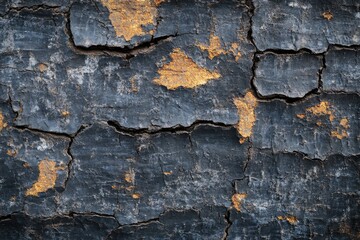 Obraz premium Close-up of dark, cracked bark with patches of golden-orange discoloration. Deep fissures and textured surface