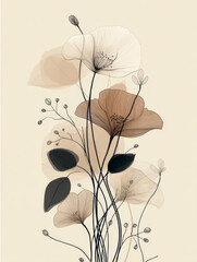 Contemporary art posters with bohemian aesthetics, flowers in warm light brown tones.