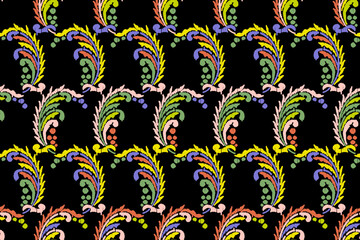 Ethnic abstract ikat fabric artwork with seamless patterns, combining tribal, indigenous and Mexican embroidery with Aztec geometric motifs. Ideal for rugs, wallpapers, throws, fabrics and clothing.