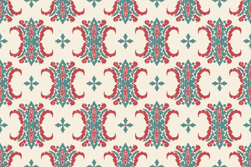 Obraz premium Carpet ikat floral pattern,fabric pattern on navy blue background vector illustration.Ikat ethnic oriental embroidery.Aztec style,abstract background.design for texture,clothing,decoration,carpet,rug.