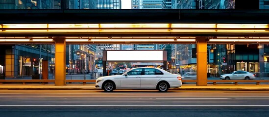 Obraz premium billboard with stark white border mounted beside parking garage, gritty aesthetic, strong vertical elements, natural late-day light, curated for modern visual campaigns