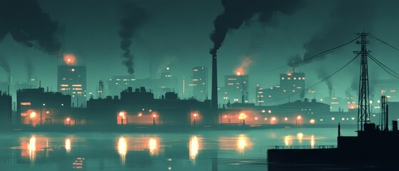 Obraz premium Industrial city at night by the water dark and moody