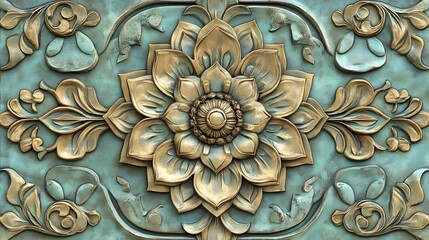 Intricate Floral Mandala Design in Vibrant Teal and Gold Tones