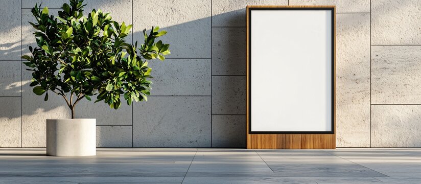 billboard with white frame standing next to public planter, flowerless and geometric, industrial concrete surroundings, soft directional light, concept-ready for urban brands