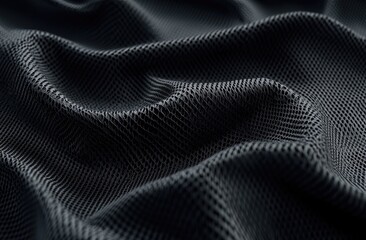 Close-up view of dark grey, textured fabric, flowing in soft waves.  Intricate mesh pattern visible throughout the folds