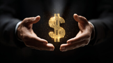Person holds glowing golden dollar sign between their hands, symbolizing wealth and prosperity. image conveys sense of financial success and opportunity, with dark background enhancing focus