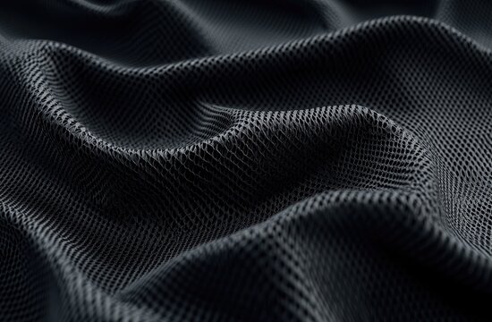 Close-up view of dark grey, textured fabric, flowing in soft waves. Intricate mesh pattern visible throughout the folds