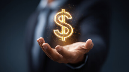 Hand holding glowing dollar sign, representing wealth and financial success, with dark background creating dramatic effect. This symbolizes prosperity and investment opportunities