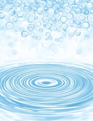 Light blue water ripples with bubbles.  Circular water patterns on a white background with light blue bubbles falling
