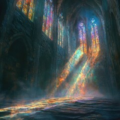 Fototapeta premium Sunbeams shine through stained glass windows in towering gothic cathedral. Dust and light fill vast vaulted space. Generative by AI.