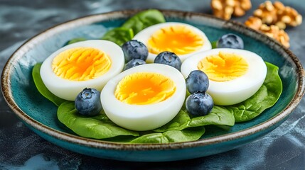 Vibrant Plate of Sliced Hardboiled Eggs with Fresh Spinach and Berries
