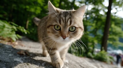Fototapeta premium Adorable Tabby Cat Walking on Rocky Pathway Surrounded by Lush Green Trees and Nature