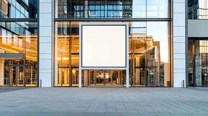 angled billboard with white frame on uphill sidewalk curve, clean surface emphasized, background includes minimalist building entrance