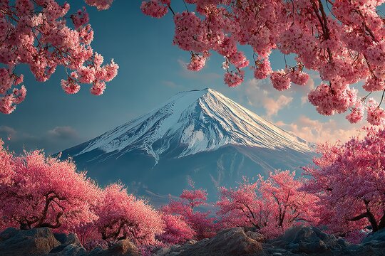 Mount Fuji Tokyo, Japan's tallest volcanic mountain is called Fuji-san. Conical holy emblem, snow-capped mountain, springtime. Generative Ai