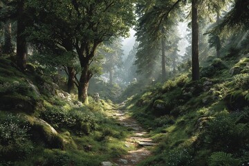 Obraz premium A path through a lush, green forest with sunlight filtering through the trees. Generative Ai