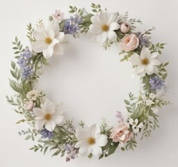 Watercolor floral wreath; delicate petals, soft hues, white background, delicate, soft