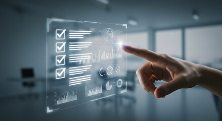 Interactive digital dashboard: A hand touches a translucent screen displaying checklists, graphs, and data visualization for seamless management.