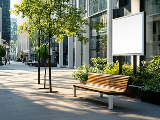 elevated billboard on sidewalk with white perimeter frame, soft shadows under bench nearby, even lighting across buildings, trash-free surroundings, architectural harmony