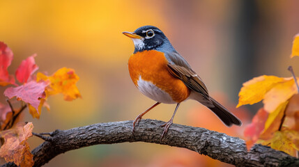 American Robin on Branch with Autumn Leaves Vibrant Fall Bird Photography