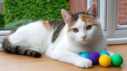 Naklejka premium Playful cat with colorful balls resting on wooden surface near window with green background