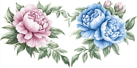 Fototapeta premium Elegant Pink and Blue Peonies Floral Heart Design Botanical Watercolor Painting Romantic Flower