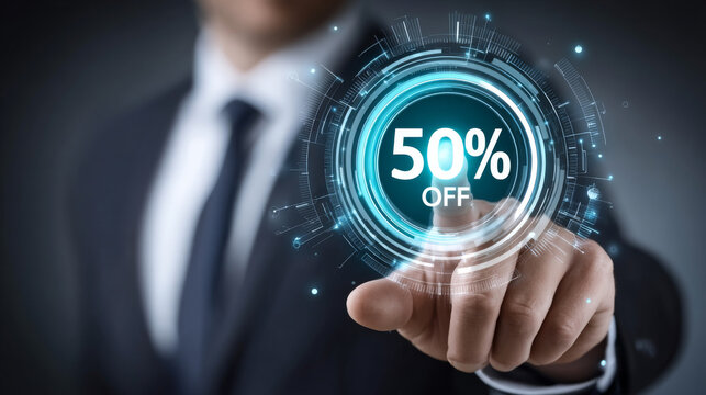 Businessman in suit pressing digital button displaying 50% off discount, symbolizing sales and promotions in modern, technological environment. image conveys excitement and opportunity