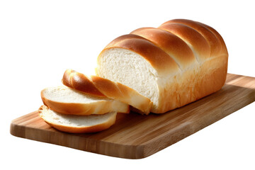 Freshly Baked Loaf of Bread: Close-up of a golden, freshly baked loaf of bread with a few slices cut, displayed on a wooden cutting board.