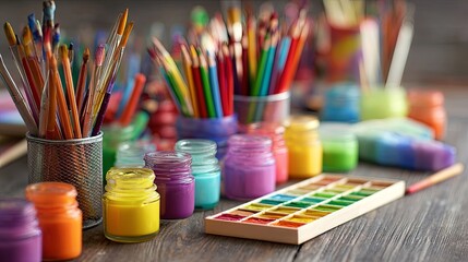 Colorful art supplies such as paints, brushes, and markers arranged neatly on a wooden table in a playful and vibrant composition with soft overhead lighting, ideal for creative expression, art projec