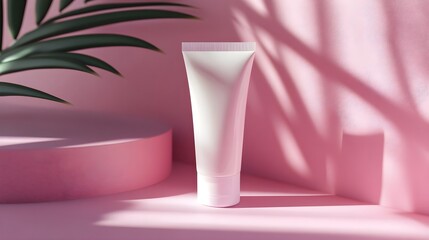 White Cosmetic Tube on Pink Surface with Light and Shadow Effects